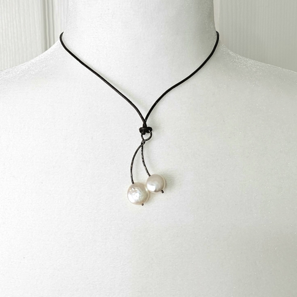 Boho Western Brown leather chord, mother of peal, adjustable Necklace